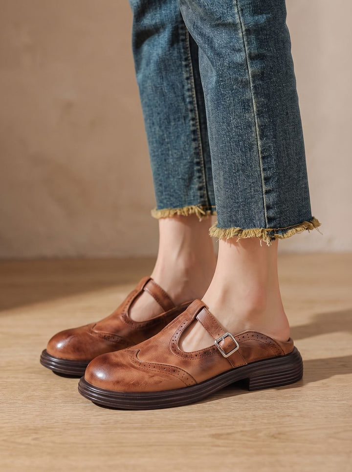 Women's Vintage Brogue T-Strap Buckle Mary Jane Flats