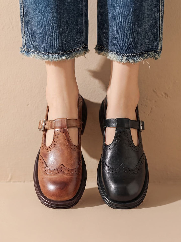 Women's Vintage Brogue T-Strap Buckle Mary Jane Flats