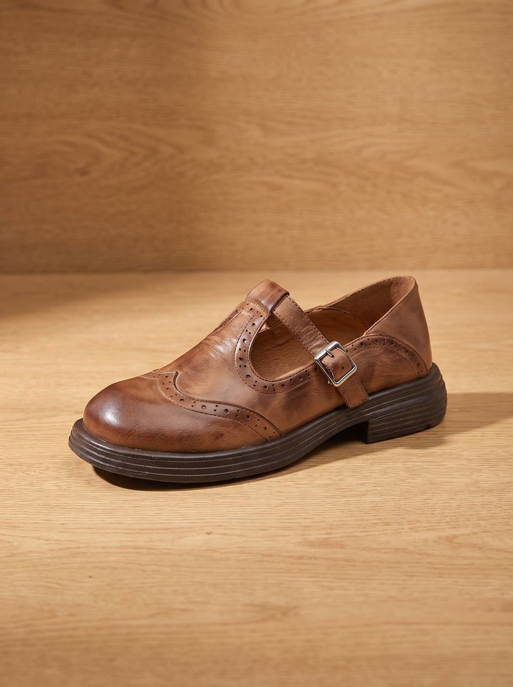Women's Vintage Brogue T-Strap Buckle Mary Jane Flats - Brown