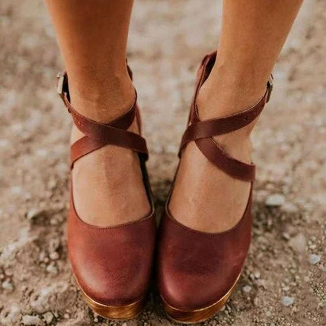 Women's Vintage Cross-Strap Block-Heel Mary Jane Pumps - Brown