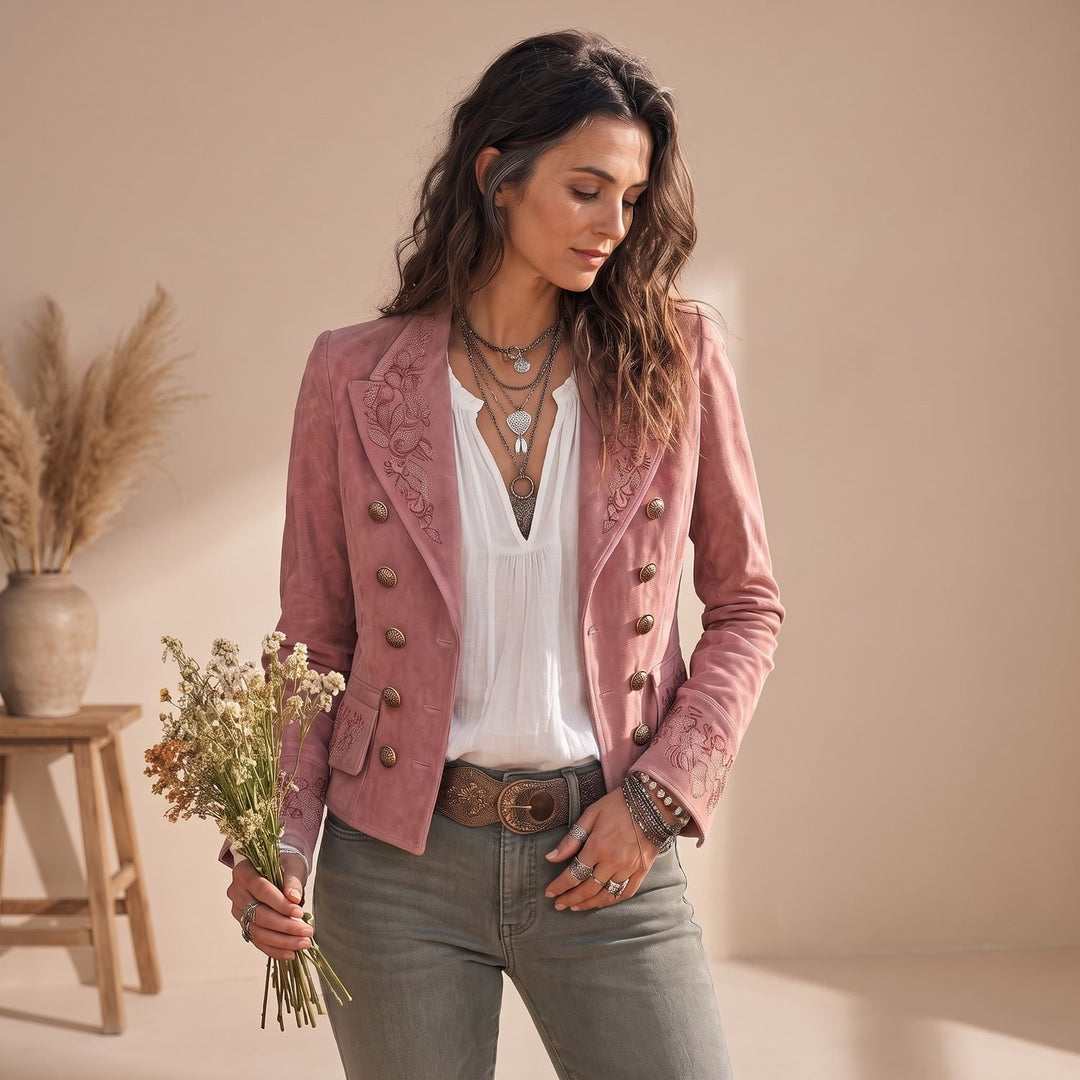 Women's Vintage Embroidered Double-Breasted Suede Jacket - Pink