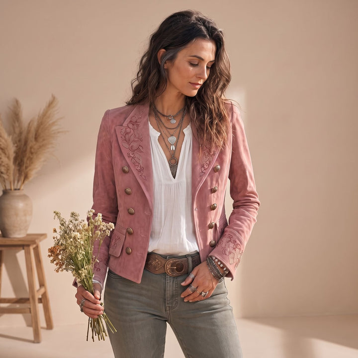 Women's Vintage Embroidered Double-Breasted Suede Jacket - Pink