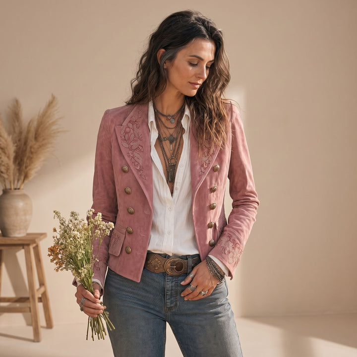 Women's Vintage Embroidered Double-Breasted Suede Jacket