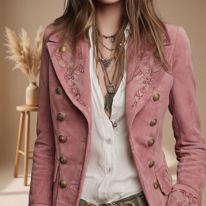 Women's Vintage Embroidered Double-Breasted Suede Jacket