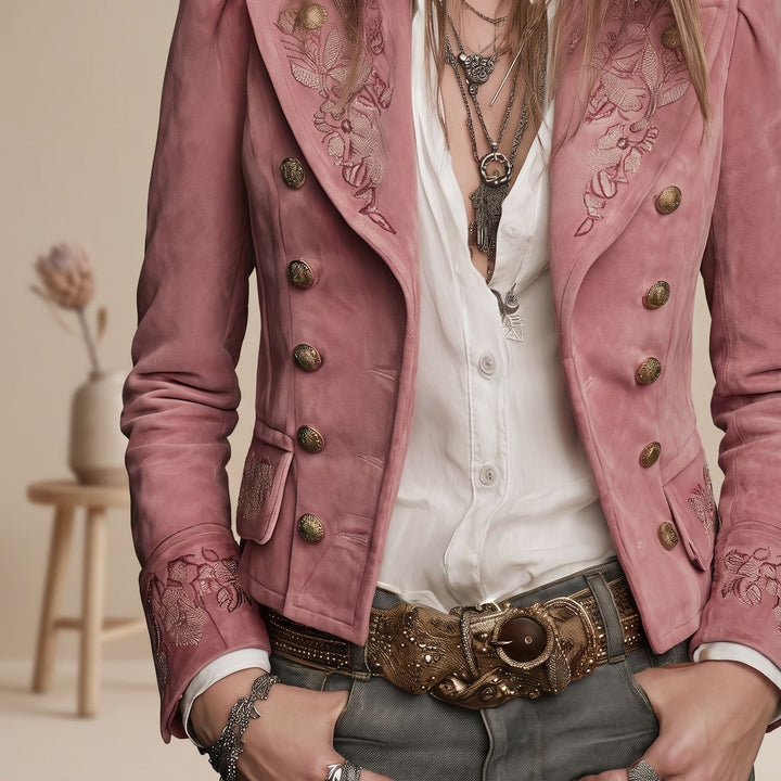 Women's Vintage Embroidered Double-Breasted Suede Jacket