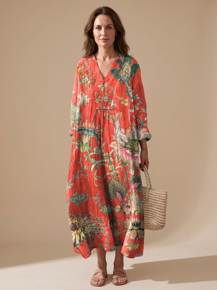 Women's Vintage Floral Art Print Long Sleeve Fall Dress - Orange