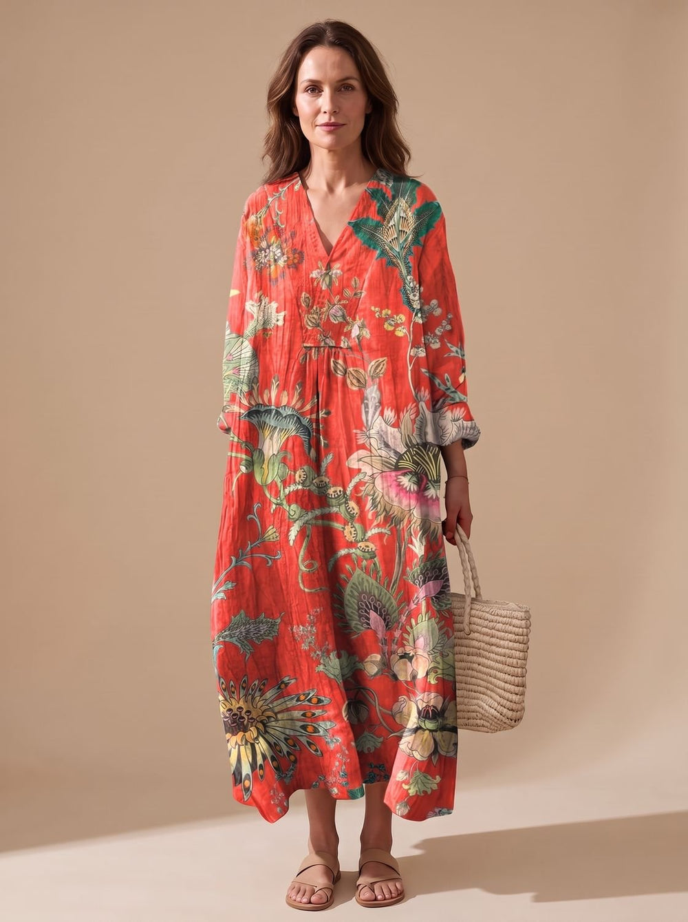 Women's Vintage Floral Art Print Long Sleeve Fall Dress - Red