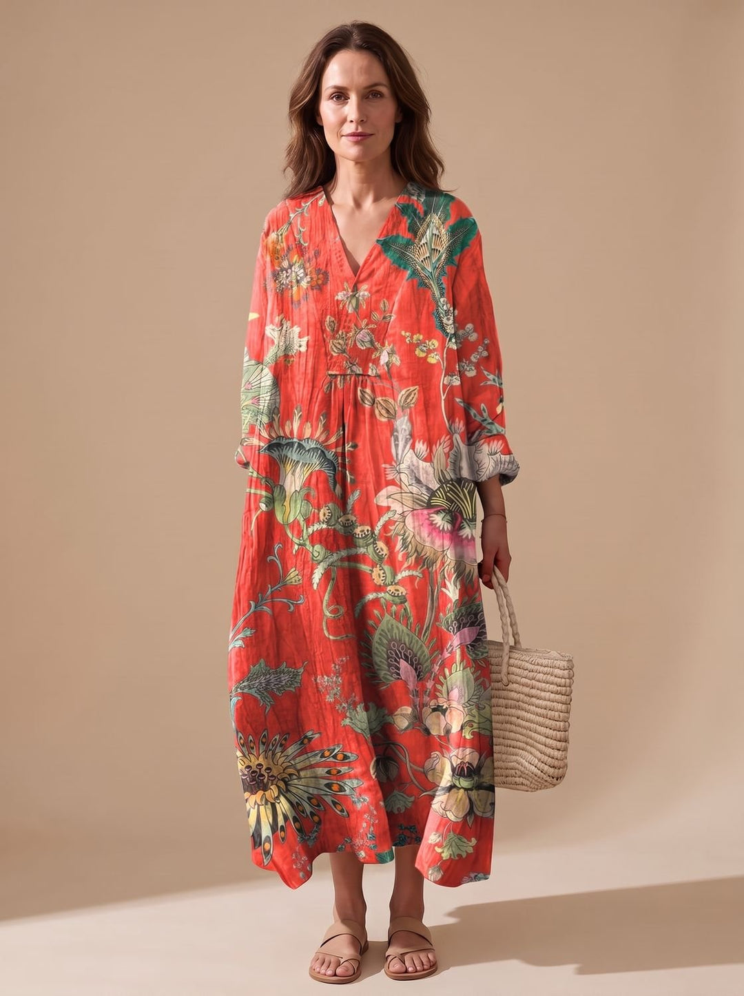 Women's Vintage Floral Art Print Long Sleeve Fall Dress - Red