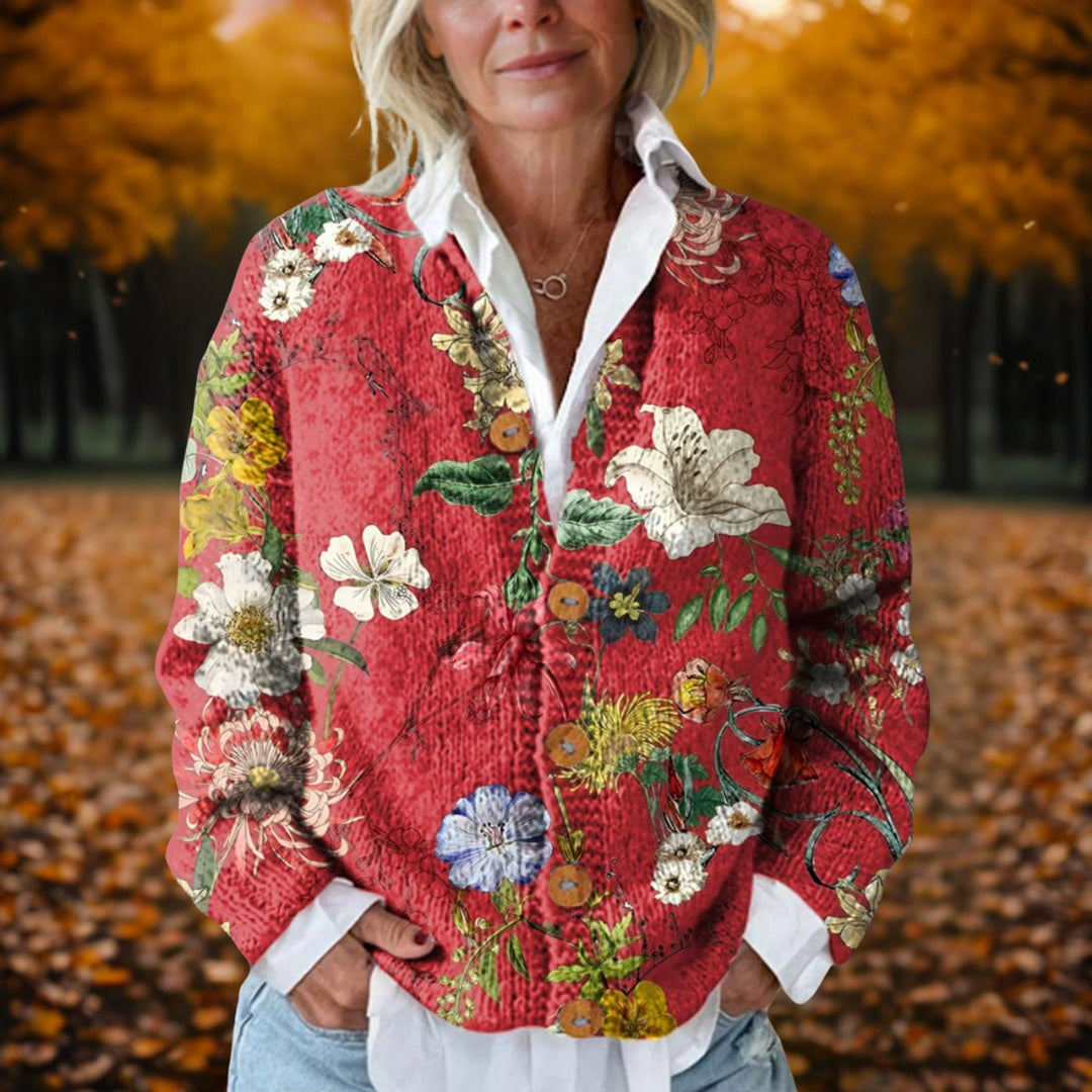 Women's Vintage Floral Button-Front Knit Cardigan - Red
