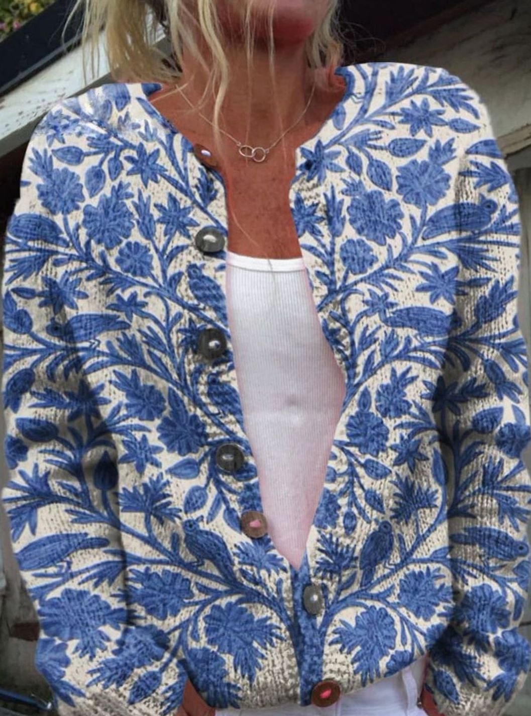 Women's Vintage Floral Knit Cardigan Button-Front Relaxed Sweater - Blue