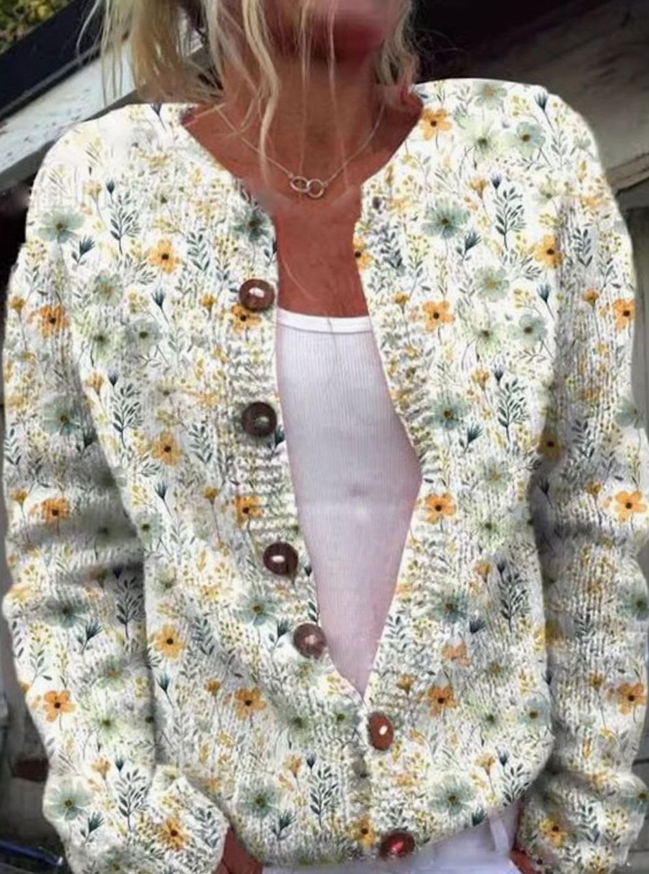 Women's Vintage Floral Knit Cardigan Button-Front Relaxed Sweater - White