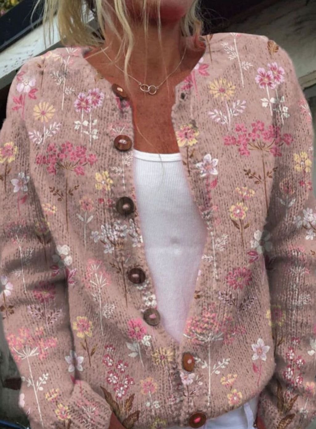 Women's Vintage Floral Knit Cardigan Button-Front Relaxed Sweater - Pink