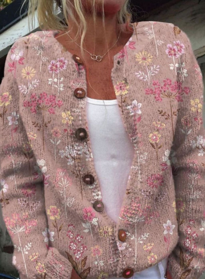 Women's Vintage Floral Knit Cardigan Button-Front Relaxed Sweater - Pink