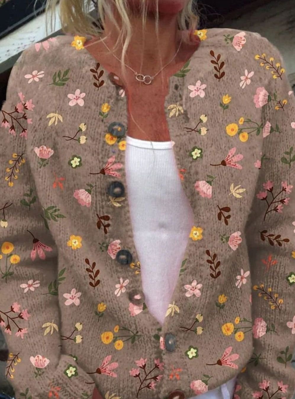 Women's Vintage Floral Knit Cardigan Button-Front Relaxed Sweater - Brown