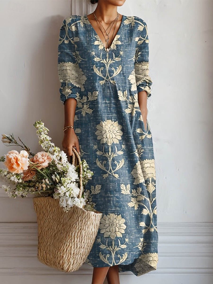 Women's Vintage Floral V-Neck Elegant Dress Relaxed Maxi - Multicolor