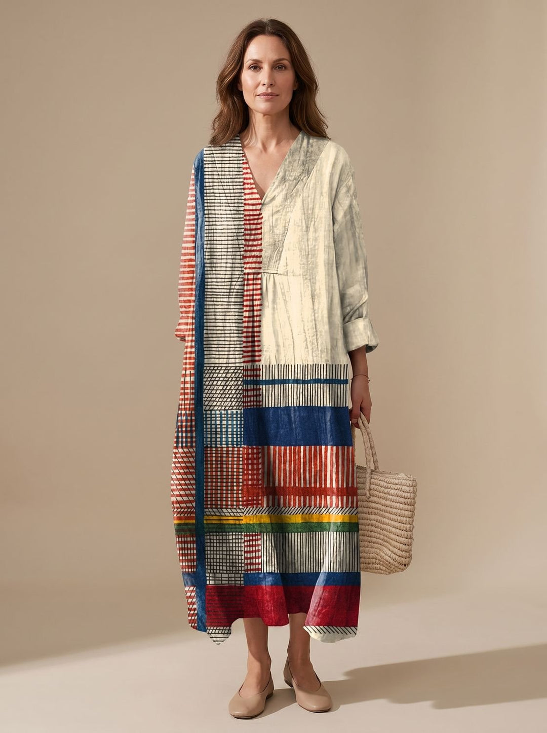 Women's Vintage Geometric Print Long-Sleeve Fall Dress - Multicolor