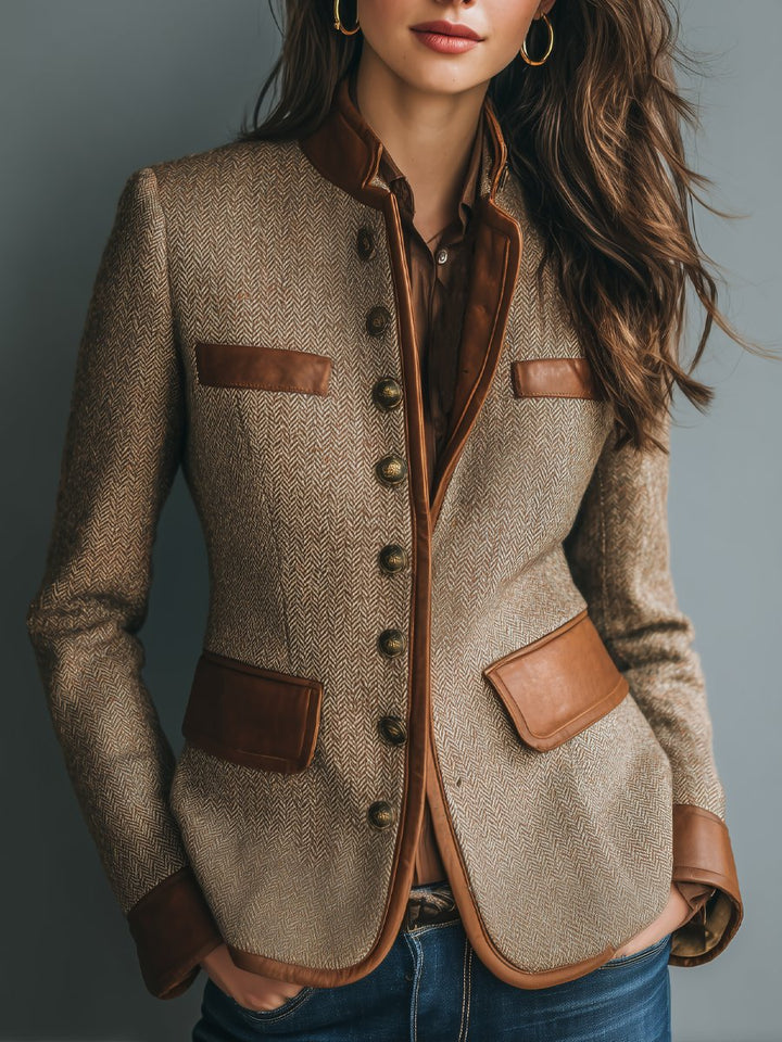 Women's Vintage Herringbone Tweed Leather-Trim Button-Front Jacket - Brown