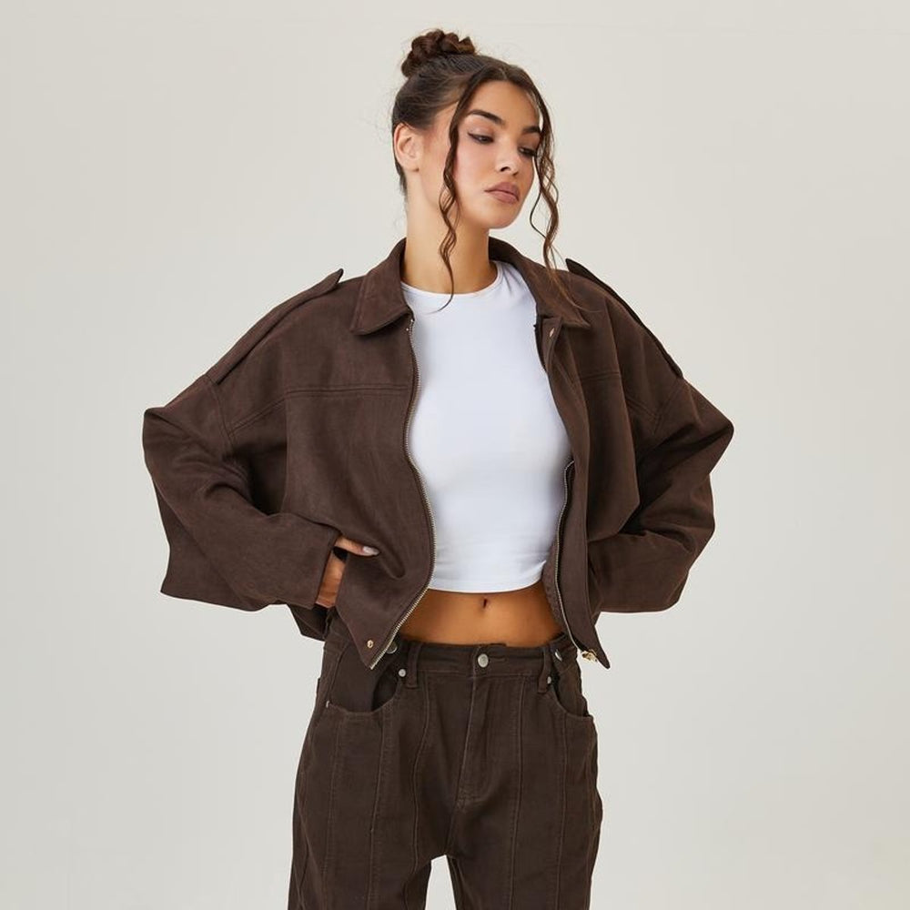 Women's Vintage-Inspired Oversized Faux Suede Bomber Jacket - Brown