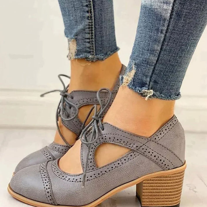 Women's Vintage Lace-Up Block Heel T-Strap Shoes - Gray