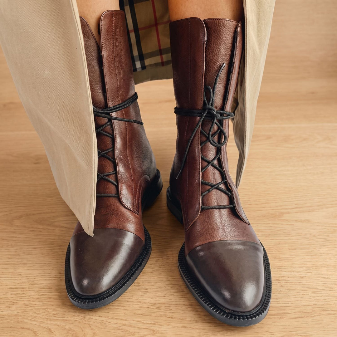 Women's Vintage Lace-Up Faux Leather Cap-Toe Ankle Boots - Brown