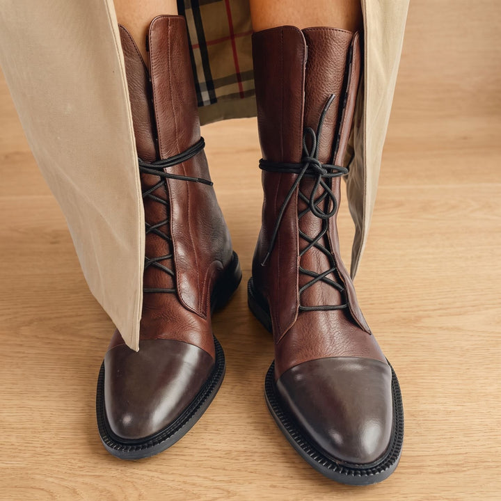 Women's Vintage Lace-Up Faux Leather Cap-Toe Ankle Boots - Brown