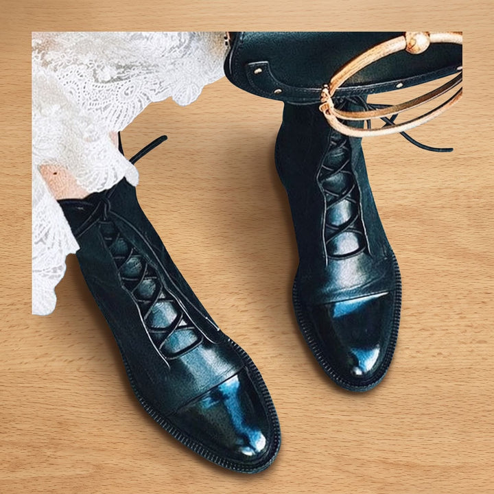 Women's Vintage Lace-Up Faux Leather Cap-Toe Ankle Boots