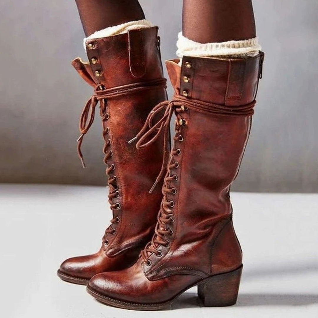 Women's Vintage Lace-Up Knee-High Block Heel Boots - Reddish Brown