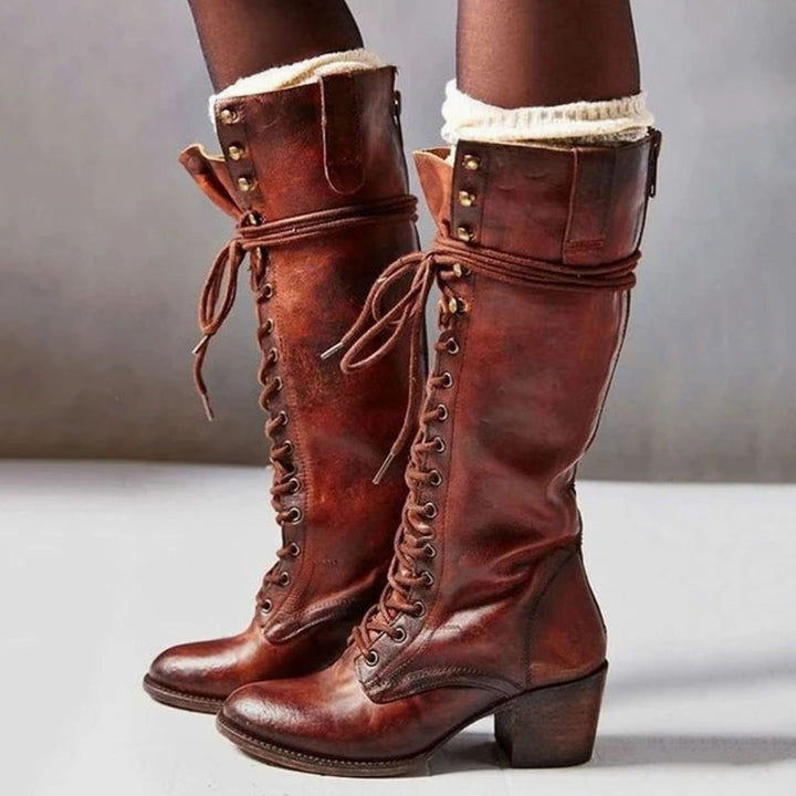 Women's Vintage Lace-Up Knee-High Block Heel Boots - Reddish Brown