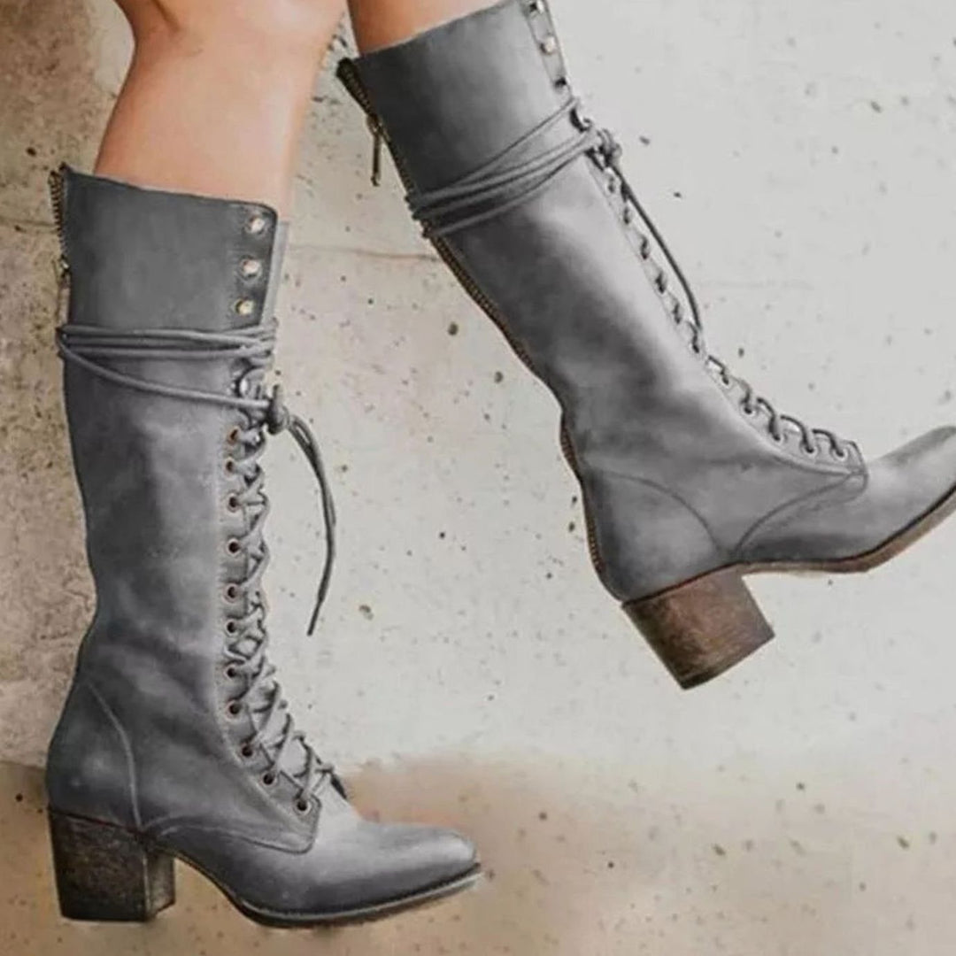 Women's Vintage Lace-Up Knee-High Block Heel Boots - Grey