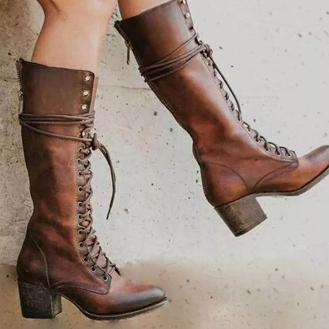 Women's Vintage Lace-Up Knee-High Block Heel Boots - Brown