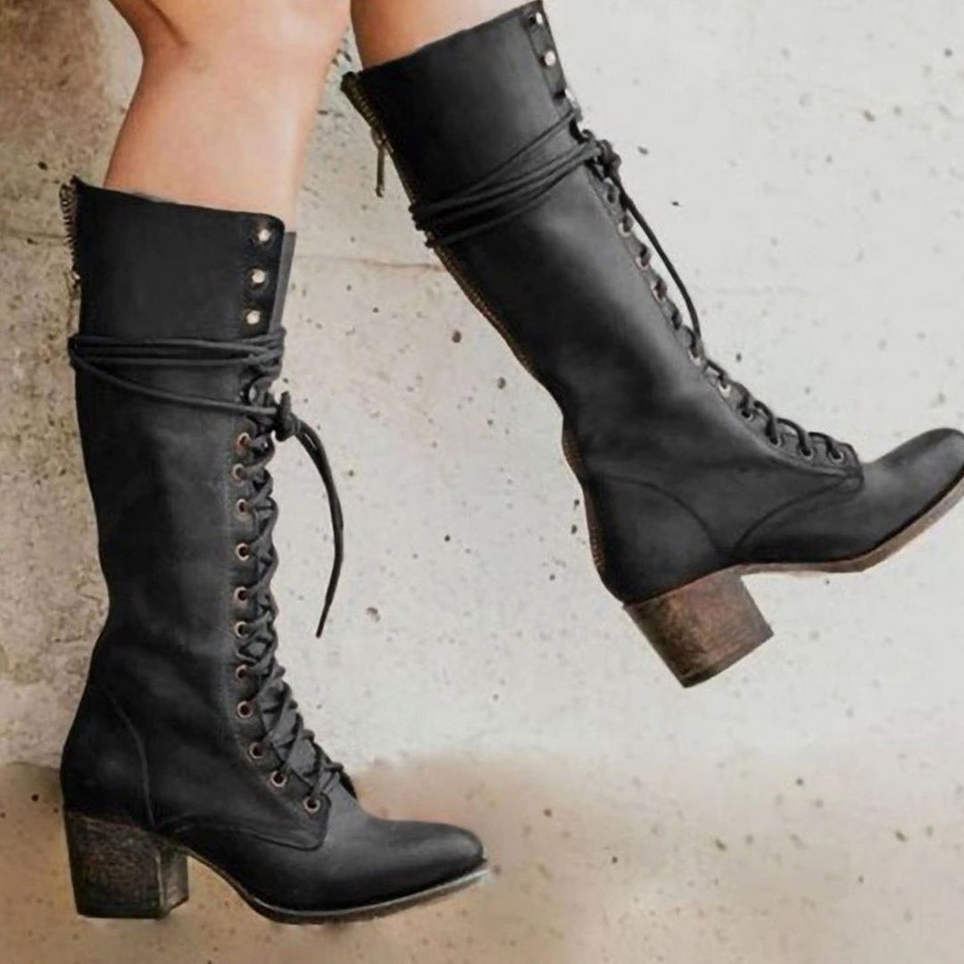 Women's Vintage Lace-Up Knee-High Block Heel Boots - Black