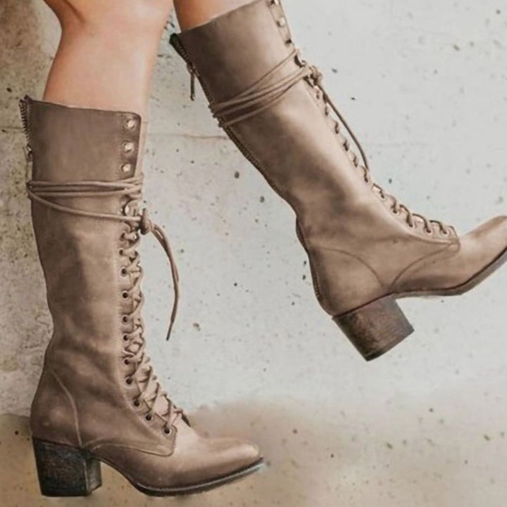 Women's Vintage Lace-Up Knee-High Block Heel Boots - Khaki