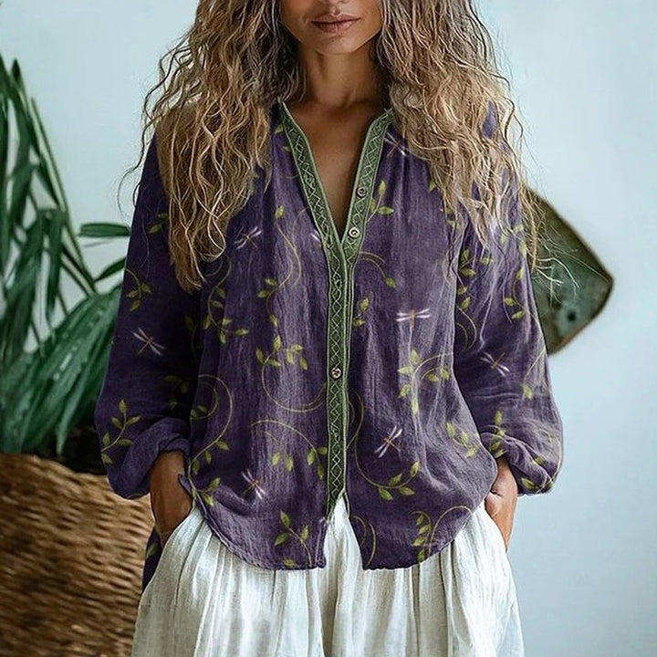 Women's Vintage Leaf Print Button-Down Long-Sleeve Shirt - Purple