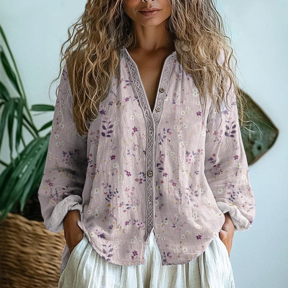 Women's Vintage Leaf Print Button-Down Long-Sleeve Shirt - Pink