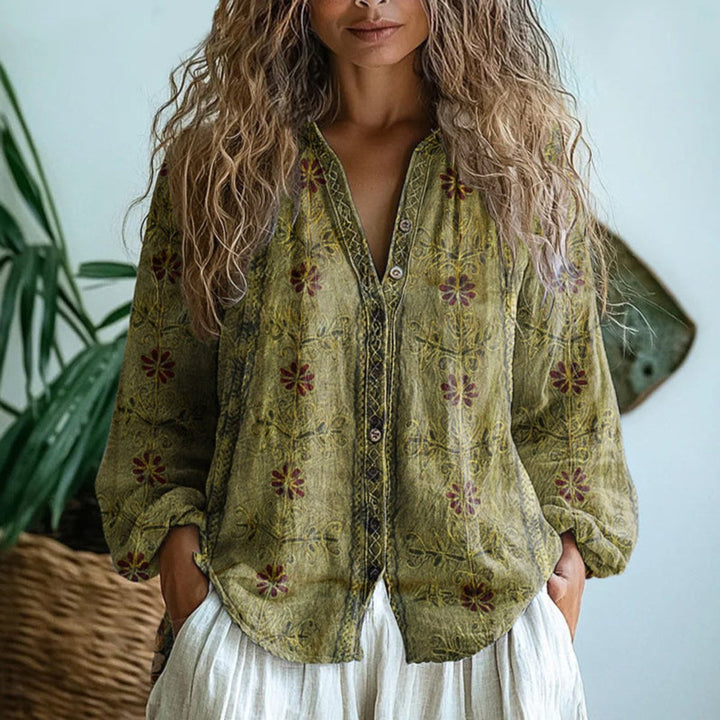 Women's Vintage Leaf Print Button-Down Long-Sleeve Shirt - Green