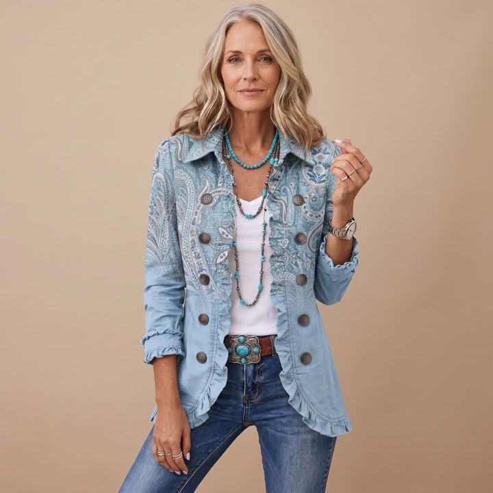 Women's Vintage Paisley Print Ruffled Button-Up Jacket - Sky Blue
