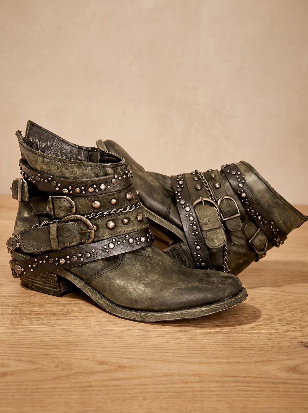 Women's Vintage Studded Buckle-Strap Western Ankle Boots