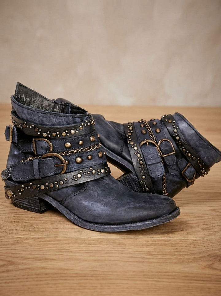 Women's Vintage Studded Buckle-Strap Western Ankle Boots