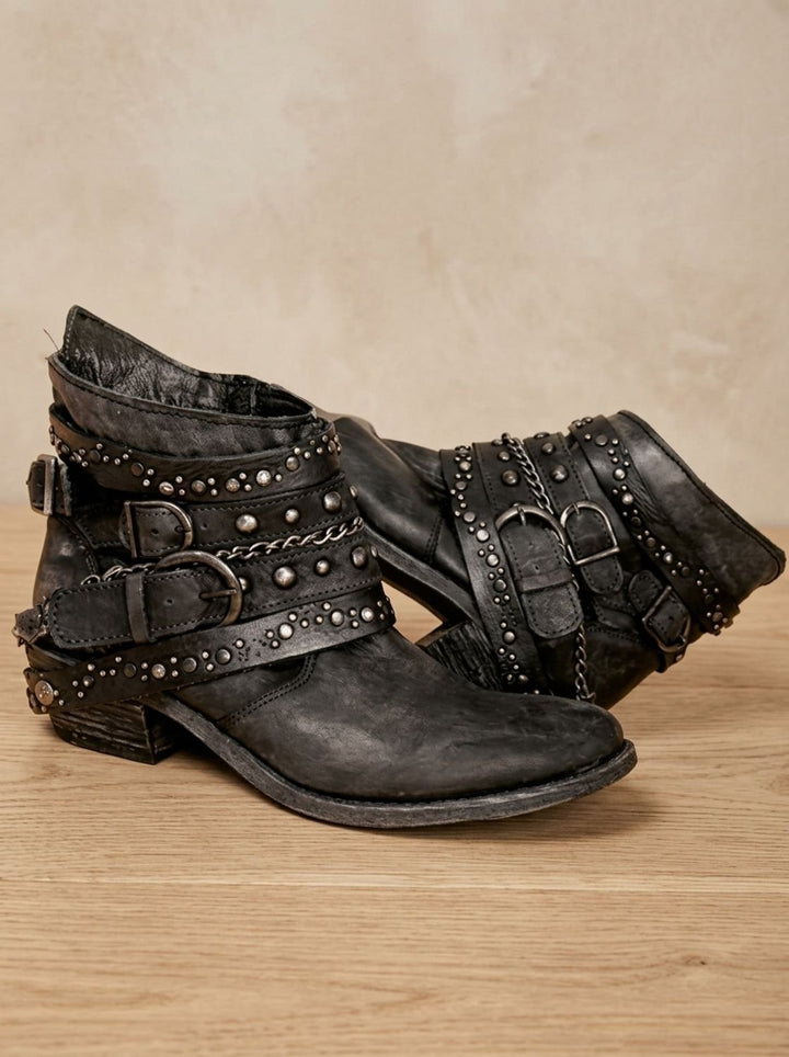 Women's Vintage Studded Buckle-Strap Western Ankle Boots