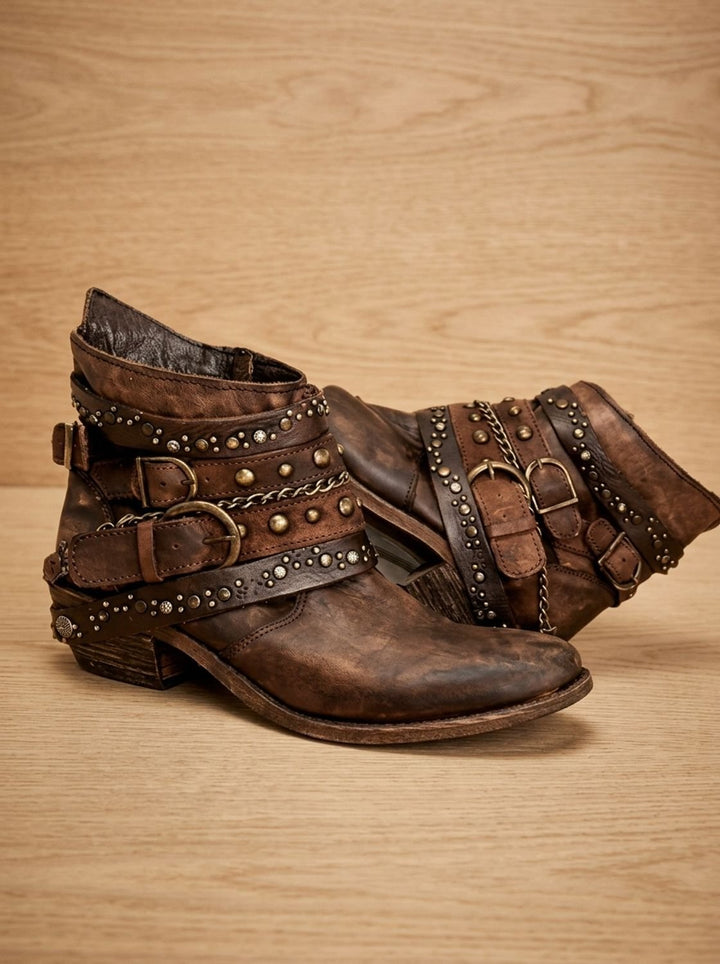 Women's Vintage Studded Buckle-Strap Western Ankle Boots