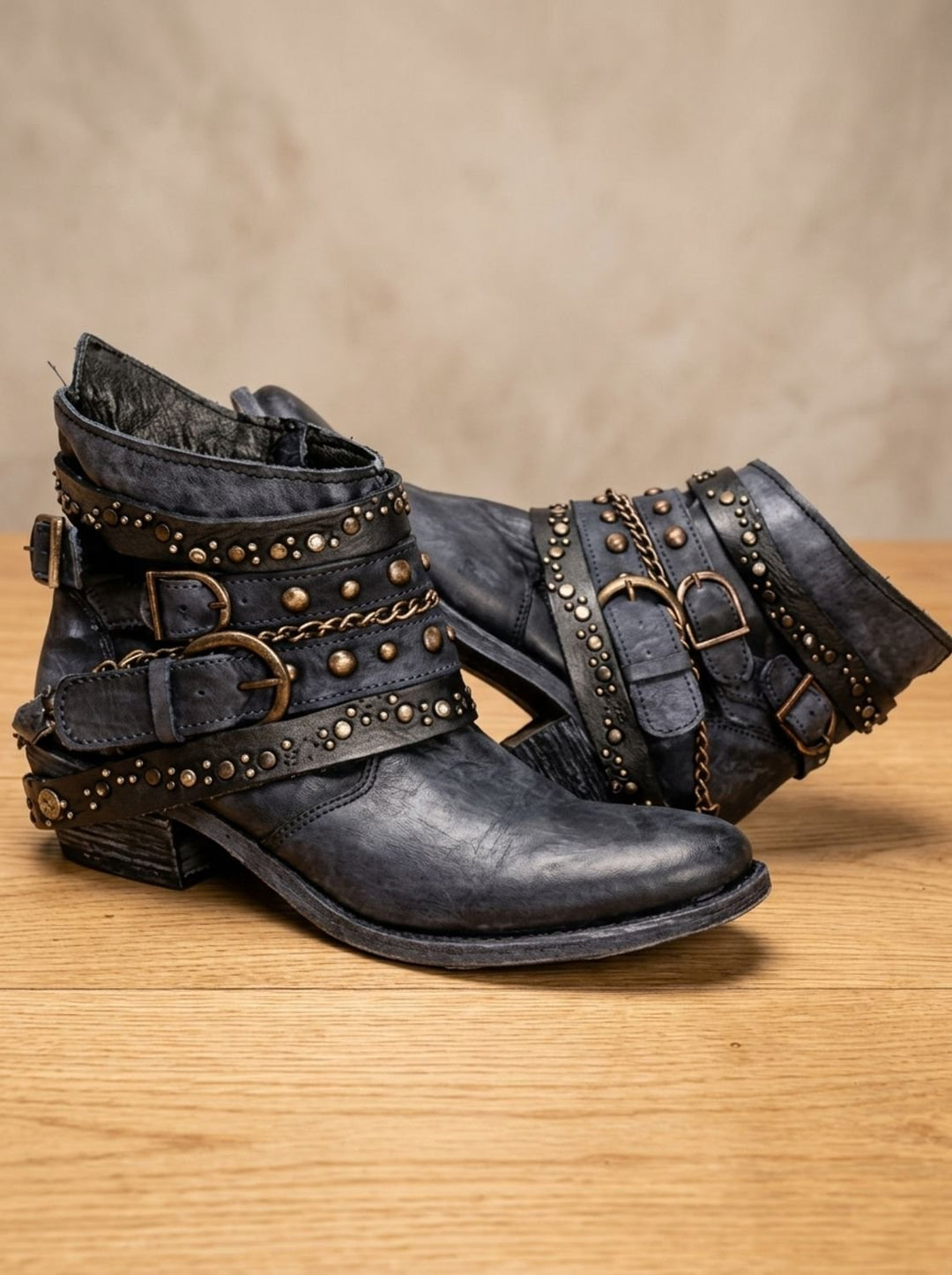 Women's Vintage Studded Buckle-Strap Western Ankle Boots - Blue