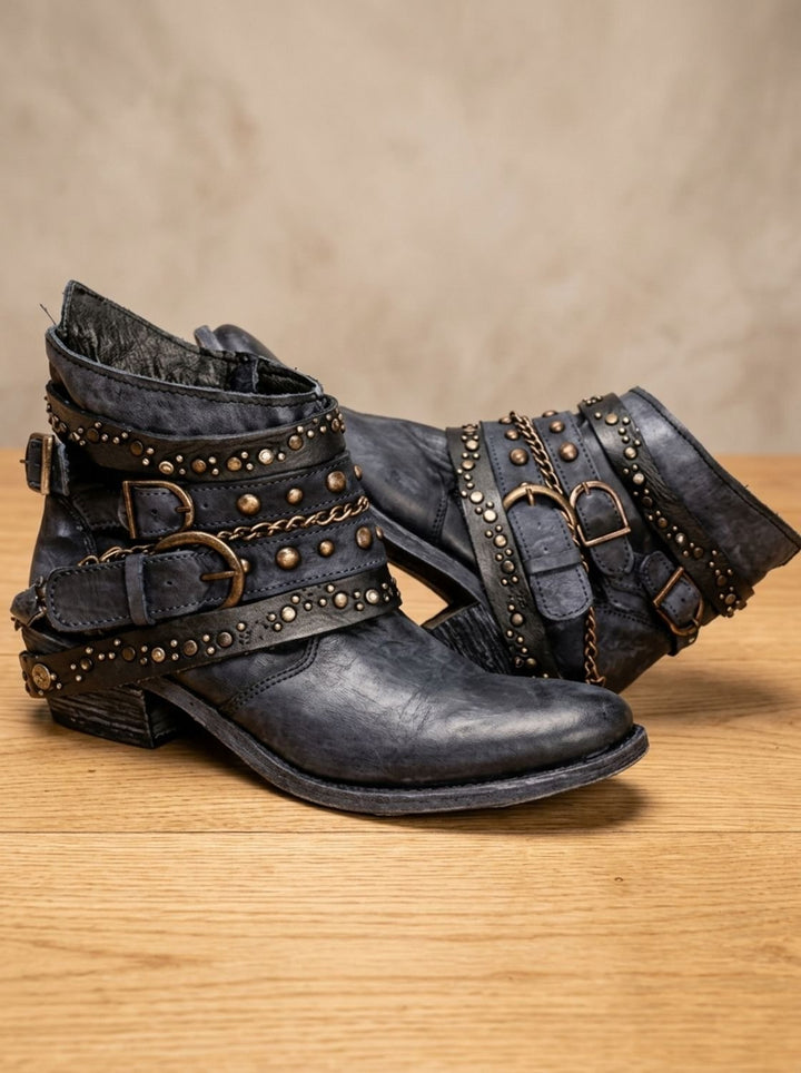 Women's Vintage Studded Buckle-Strap Western Ankle Boots - Blue