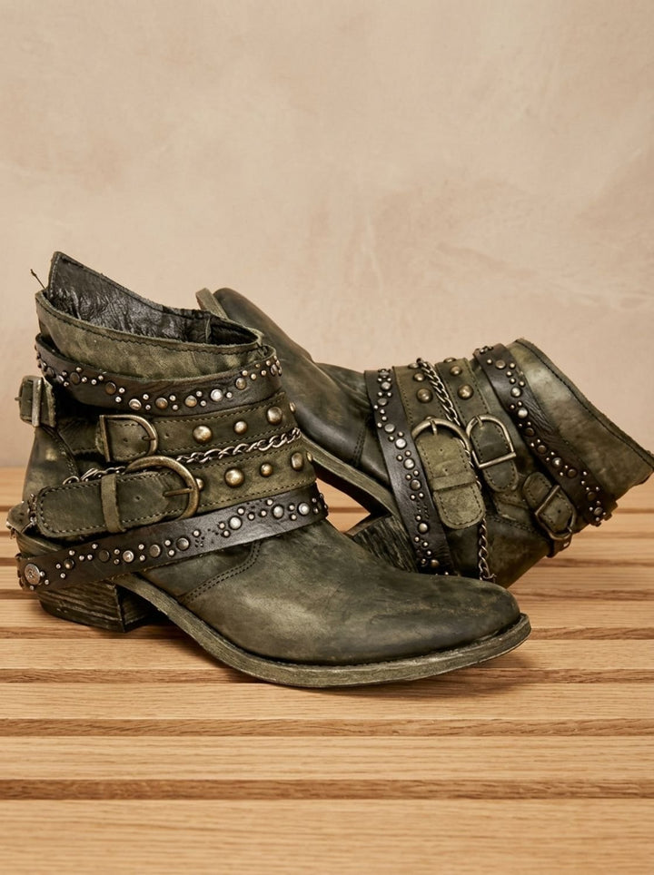Women's Vintage Studded Buckle-Strap Western Ankle Boots - Green