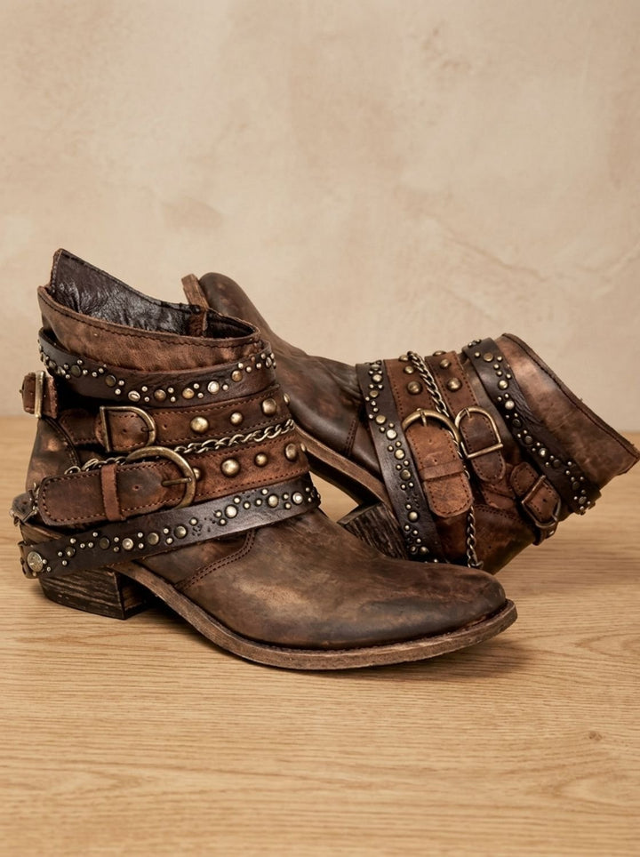 Women's Vintage Studded Buckle-Strap Western Ankle Boots - Brown