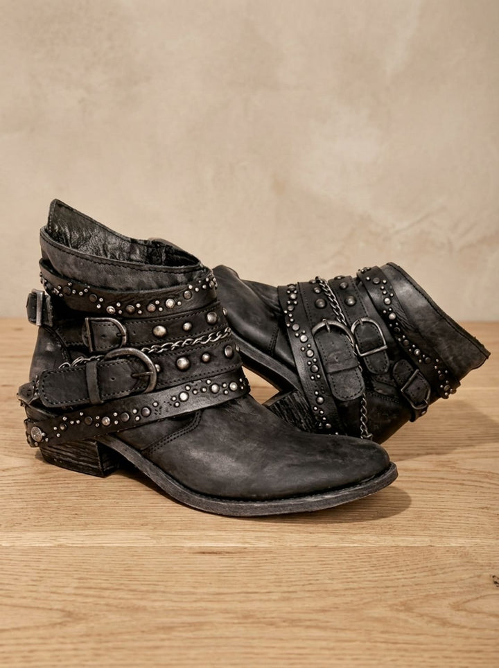 Women's Vintage Studded Buckle-Strap Western Ankle Boots - Black
