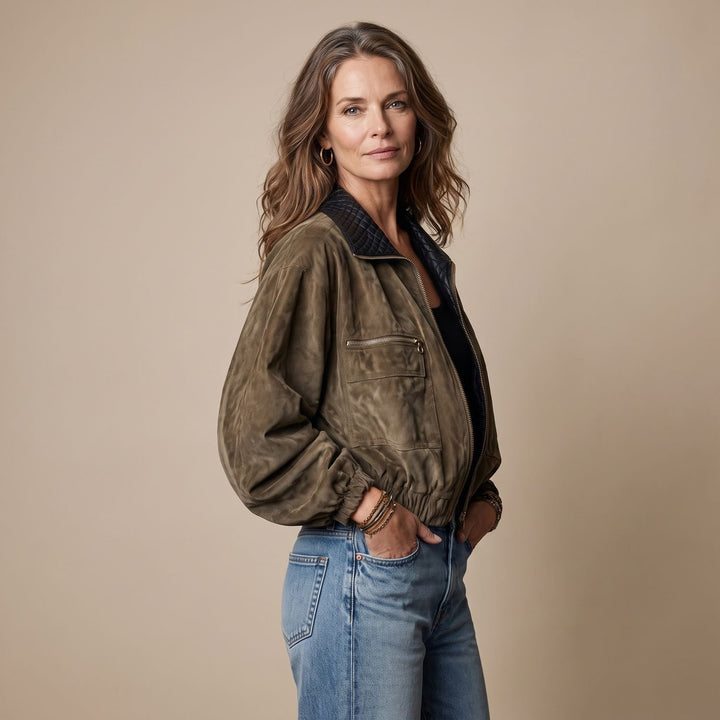 Women's Vintage Suede-Look Quilted Collar Zip-Up Bomber Jacket