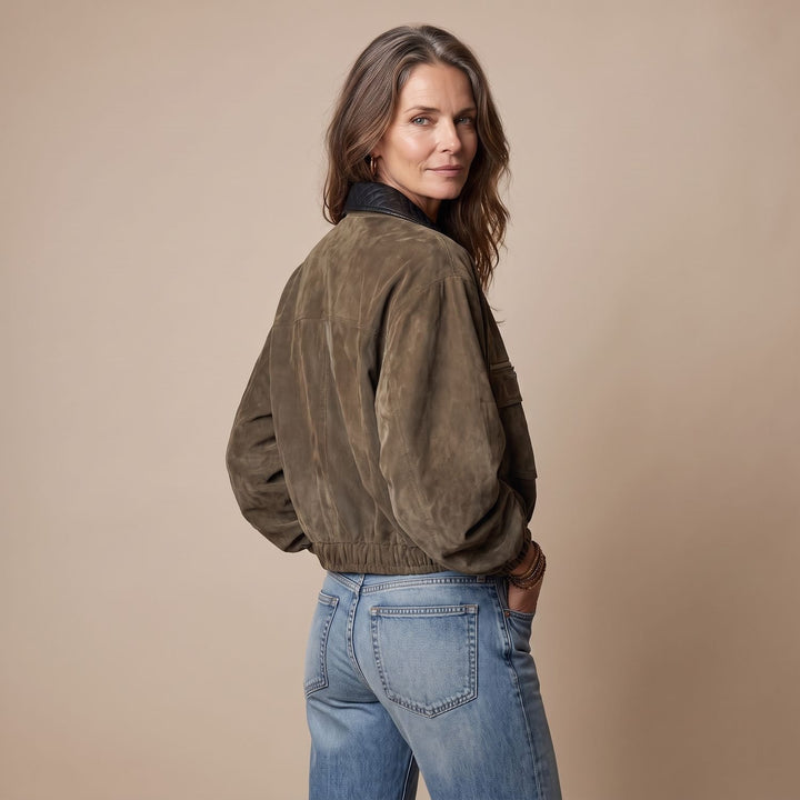 Women's Vintage Suede-Look Quilted Collar Zip-Up Bomber Jacket