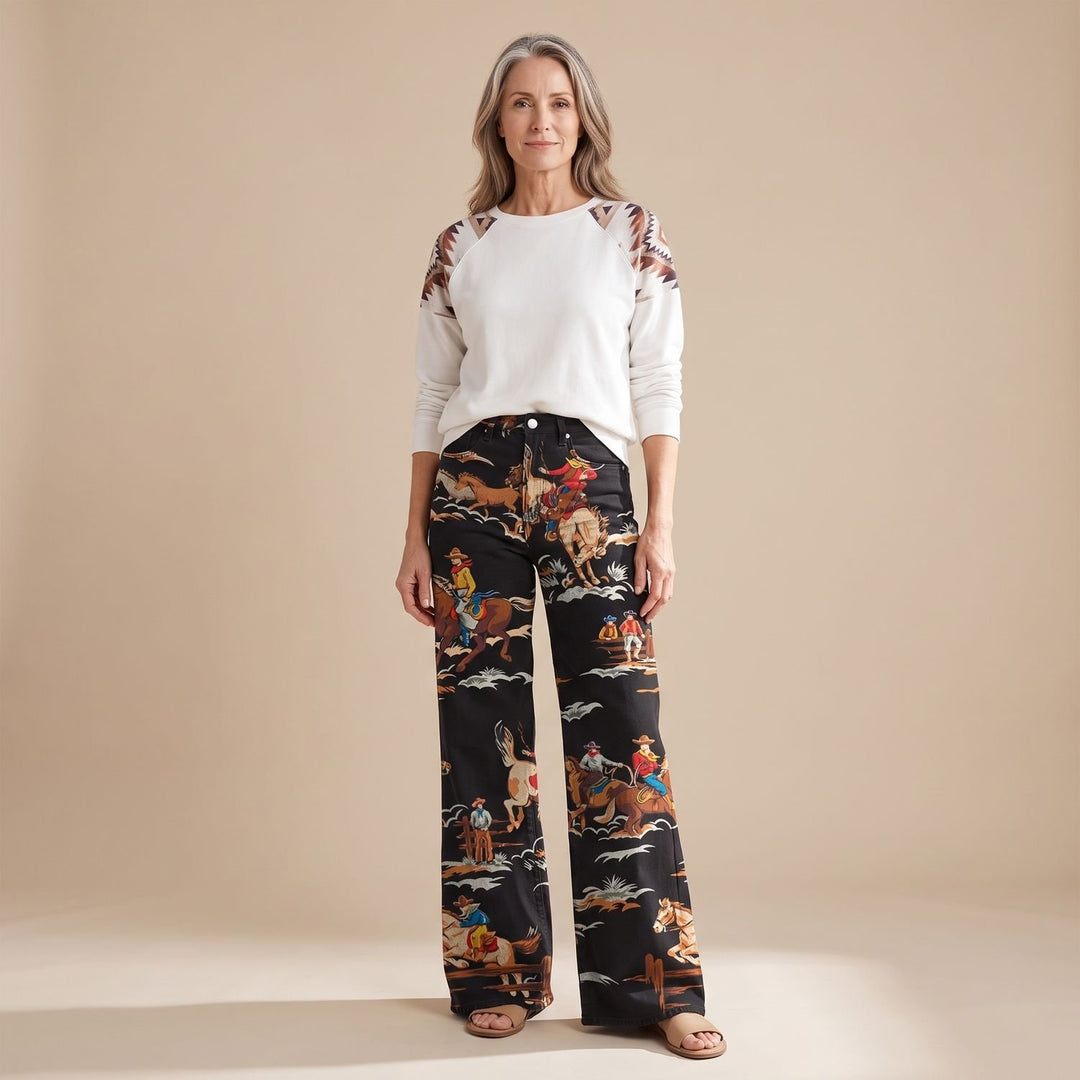 Women's Vintage Western Print High-Waist Wide Leg Pants - Black