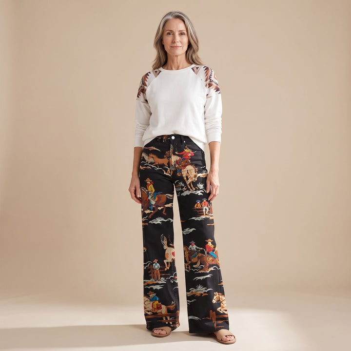 Women's Vintage Western Print High-Waist Wide Leg Pants - Black