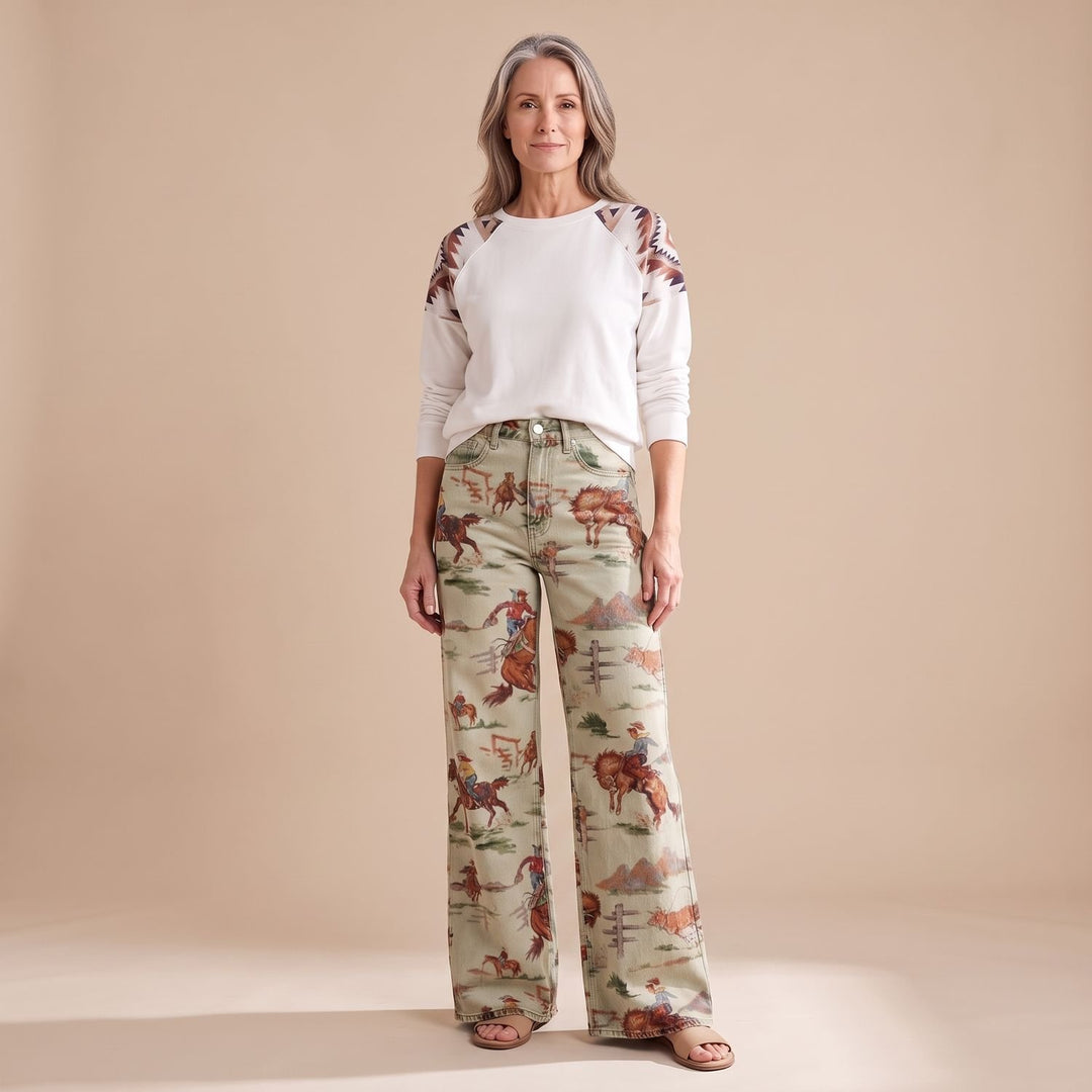 Women's Vintage Western Print High-Waist Wide Leg Pants - Beige
